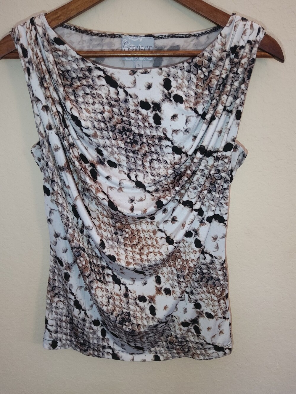 Grayson Drape Neck Blouse Womens Small White Beige Snake Print Y2K Minimalist‎